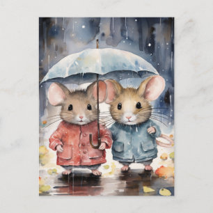 Watercolour Mice in The Rain Postcard