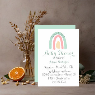 Watercolour minty rainbow Girl Baby Shower Invitation