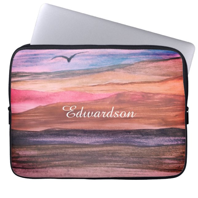 Watercolour Mountains Range Landscape Script Name Laptop Sleeve (Front)