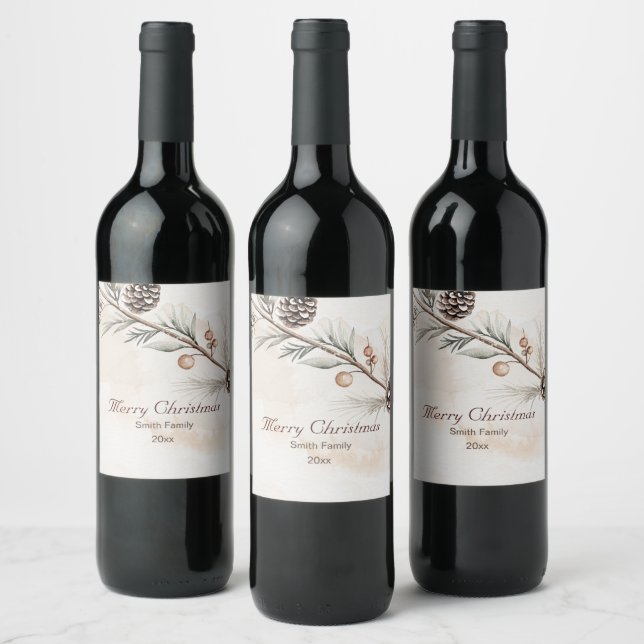 Watercolour Neutral colour Christmas tree Wine Label (Bottles)