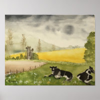 Watercolour of English Countryside Fields & Cows