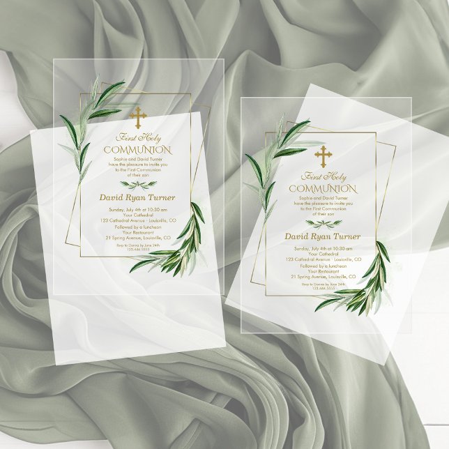 Watercolour Olive Leaves Gold Boy Holy Communion Acrylic Invitations (Creator Uploaded)