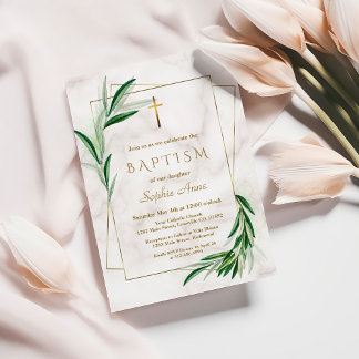 Watercolour Olive Leaves Marble Baptism Invitation
