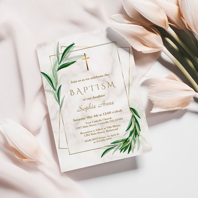Watercolour Olive Leaves Marble Baptism Invitation (Creator Uploaded)