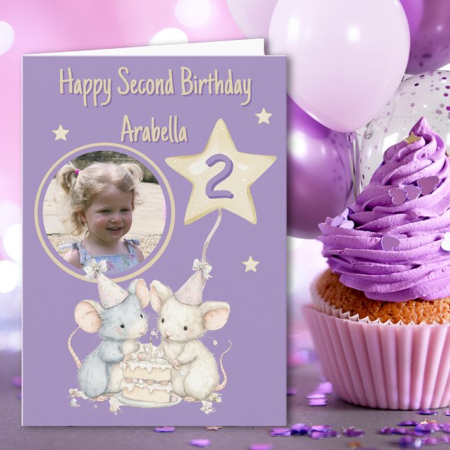 Watercolour One Photo, Mice Second Birthday Card (Creator Uploaded)