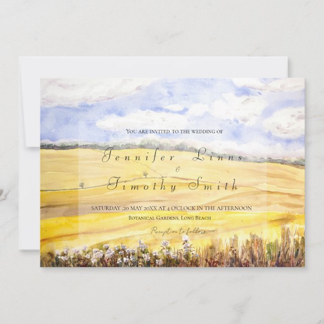 watercolour painting golden wheat field invitation (Front)