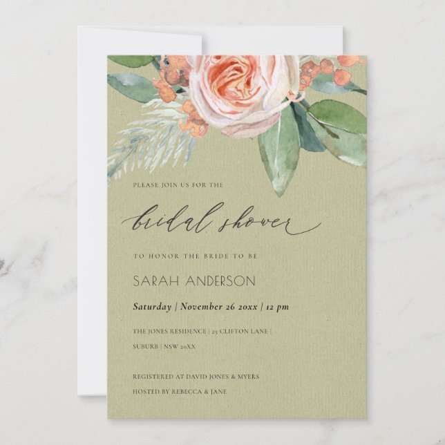 WATERCOLOUR PEACH FLOWER FOLIAGE BRIDAL SHOWER INVITATION (Front)