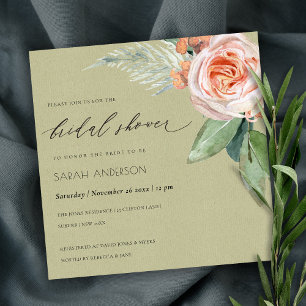 WATERCOLOUR PEACH FLOWER FOLIAGE BRIDAL SHOWER INVITATION