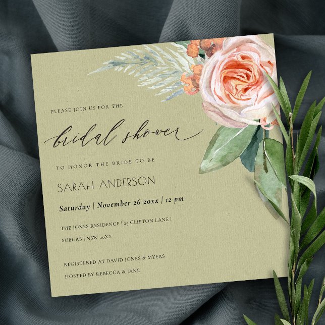 WATERCOLOUR PEACH FLOWER FOLIAGE BRIDAL SHOWER INVITATION (Creator Uploaded)