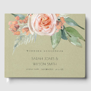 WATERCOLOUR PEACH FLOWER GREEN FOLIAGE MONOGRAM GUEST BOOK