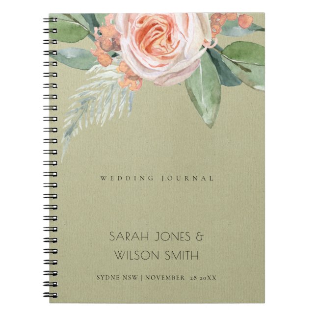WATERCOLOUR PEACH FLOWER GREEN FOLIAGE WEDDING SPIRAL NOTEBOOK (Front)