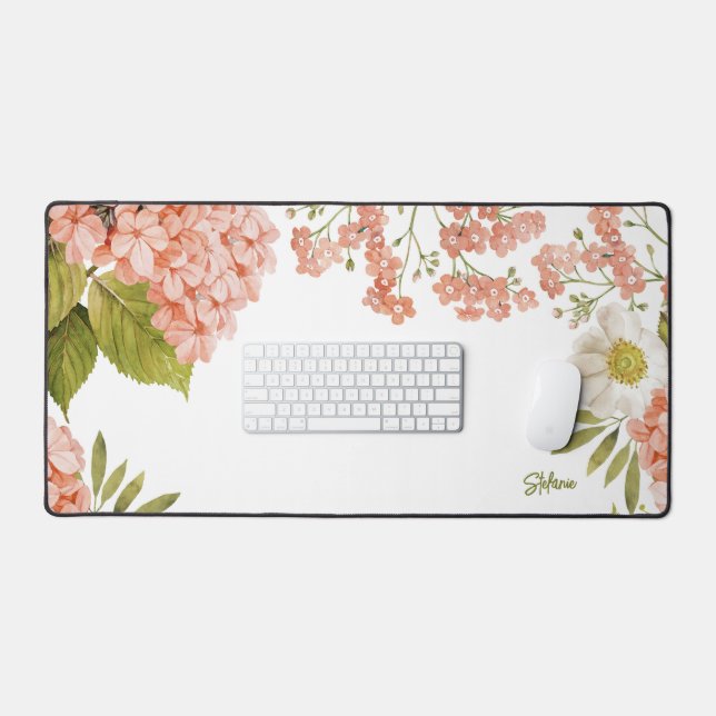 Watercolour Peach Hydrangeas Floral Personalised Desk Mat (Keyboard & Mouse)