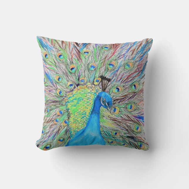 Watercolour Peacock Painting Cushion (Front)