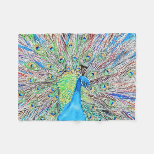 Watercolour Peacock Painting Fleece Blanket (Front (Horizontal))