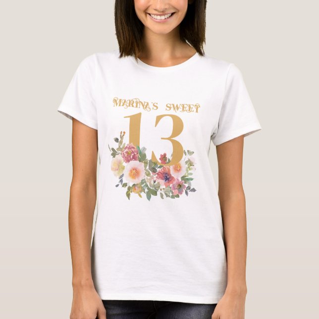 Watercolour Peones Floral 13th Birthday Teenager  T-Shirt (Front)