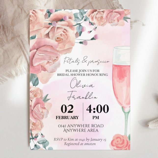 Watercolour petals & prosecco summer bridal shower invitation (Creator Uploaded)