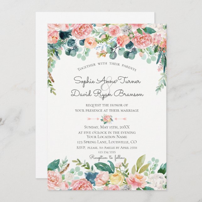 Watercolour Pink Blush Flowers Frame Wedding Invitation (Front/Back)