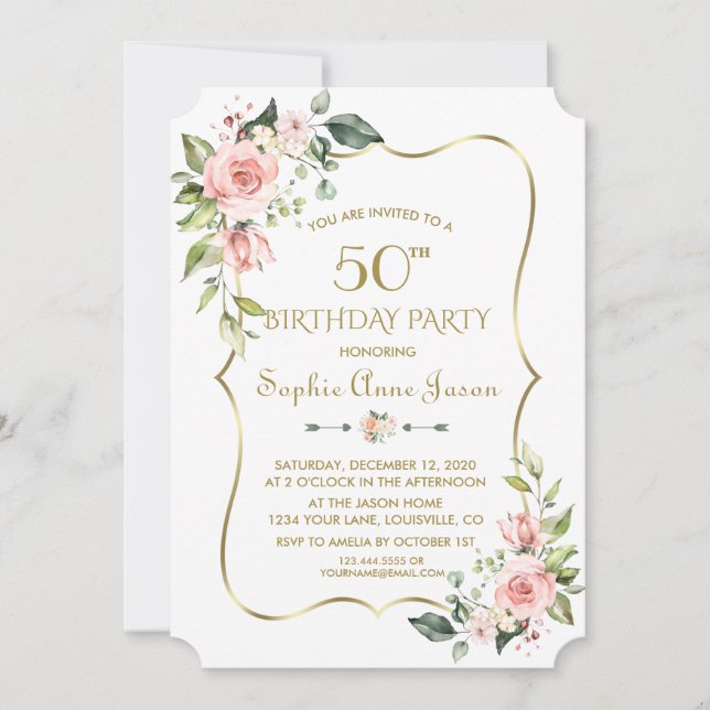 Watercolour Pink Floral Gold Frame 50th Birthday Invitation (Front)