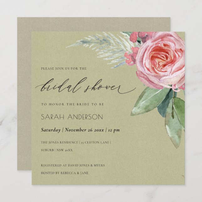 WATERCOLOUR PINK FLOWER FOLIAGE BRIDAL SHOWER INVITATION (Front/Back)