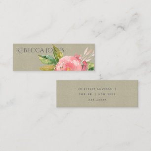 WATERCOLOUR PINK FLOWER GREEN FOLIAGE ADDRESS MINI BUSINESS CARD