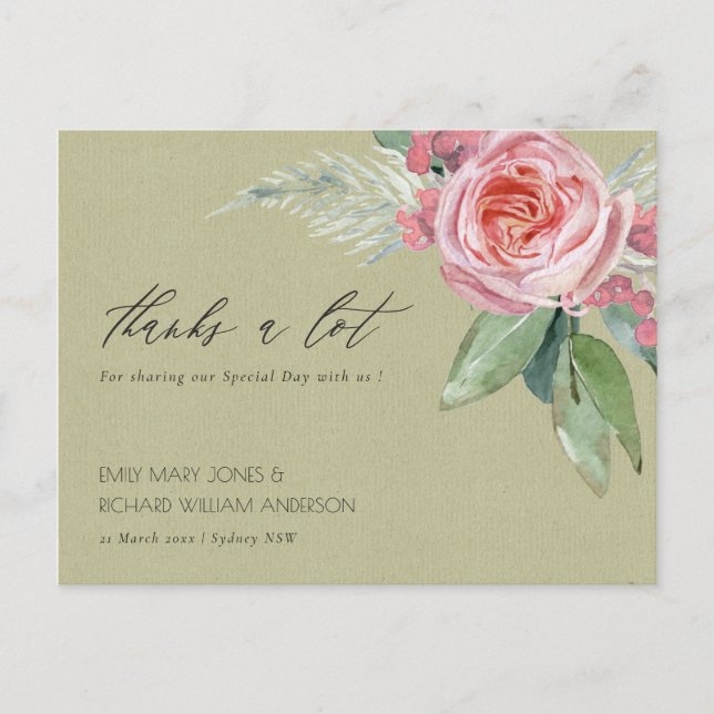 WATERCOLOUR PINK FLOWER GREEN FOLIAGE THANK YOU POSTCARD (Front)