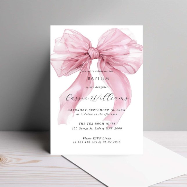 Watercolour Pink Large Bow Baptism Invitation (Creator Uploaded)