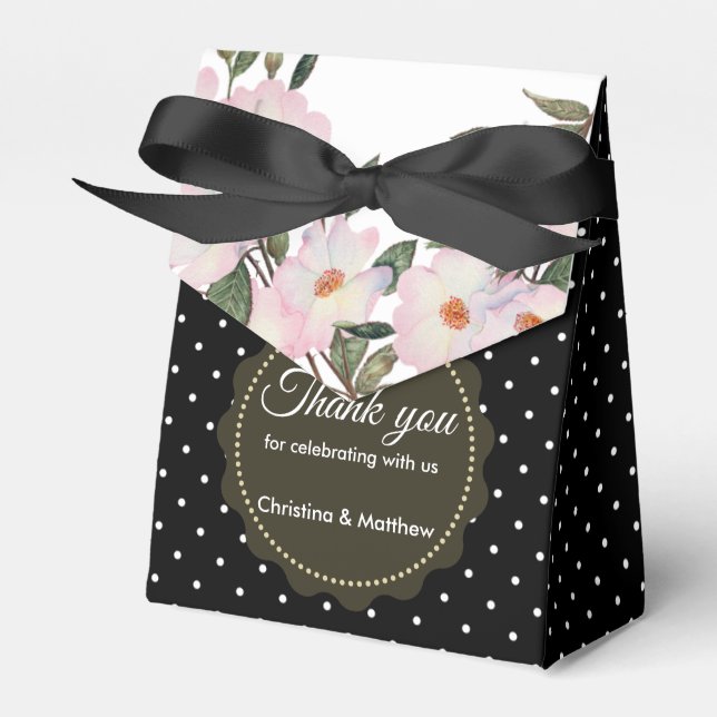 Watercolour Pink Roses Black White Polka Dots Favour Box (Front Side)