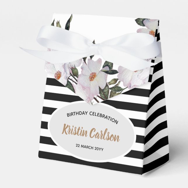 Watercolour Pink Roses Black White Stripes Pattern Favour Box (Front Side)