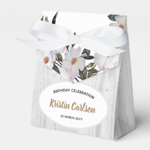 Watercolour Pink Roses Silver Grey Wood Pattern Favour Box
