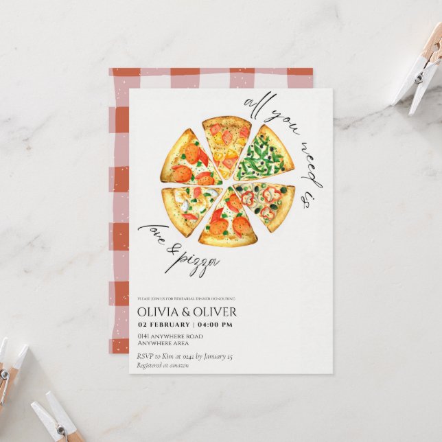 Watercolour Pizza rehearsal dinner  Invitation (Front/Back In Situ)