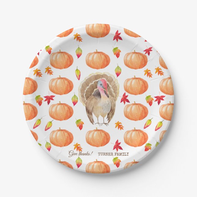 Watercolour Pumpkin Turkey Pattern Thanksgiving Paper Plate (Front)