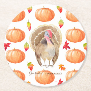 Watercolour Pumpkin Turkey Pattern Thanksgiving Round Paper Coaster