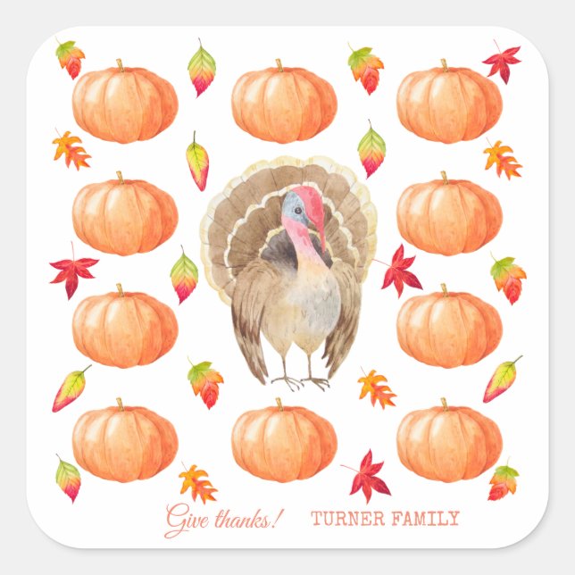 Watercolour Pumpkin Turkey Pattern Thanksgiving Square Sticker (Front)