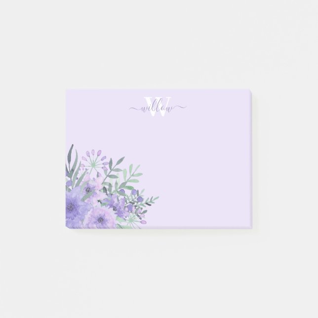 Watercolour Purple Flower Monogram Post-It Notes (Front)