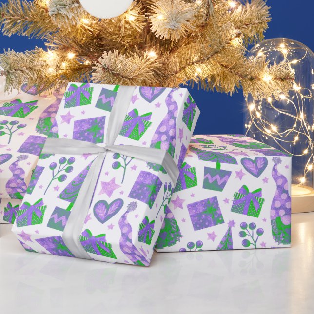 Watercolour Purple Green Festive Gnomes Christmas  Wrapping Paper (Holidays)