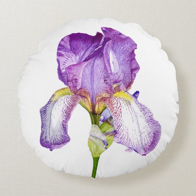 Watercolour Purple Iris ~ Chic Floral Round Pillow (Front)
