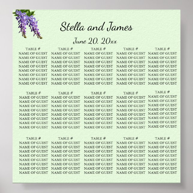 Watercolour Purple Wisteria Seating Plan Poster (Front)