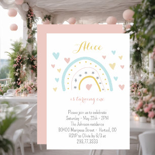 Watercolour rainbow hart pink blue 1st Birthday Invitation