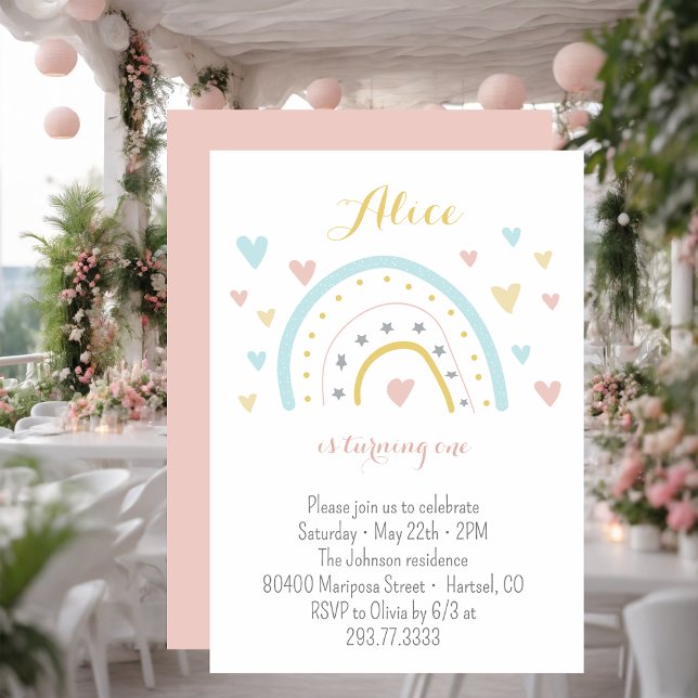 Watercolour rainbow hart pink blue 1st Birthday  Invitation (Creator Uploaded)