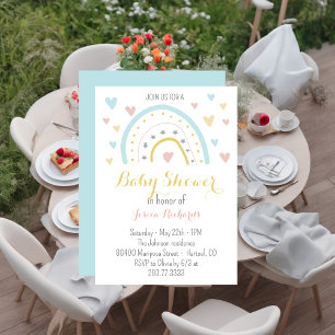 Watercolour rainbow hart pink blue Baby Shower Invitation
