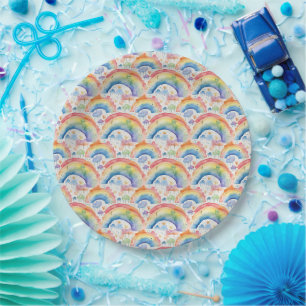 Watercolour Rainbows and Clouds Paper Plate