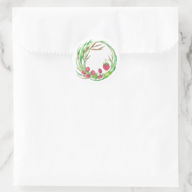 Watercolour raspberry wreath design classic round sticker (Bag)
