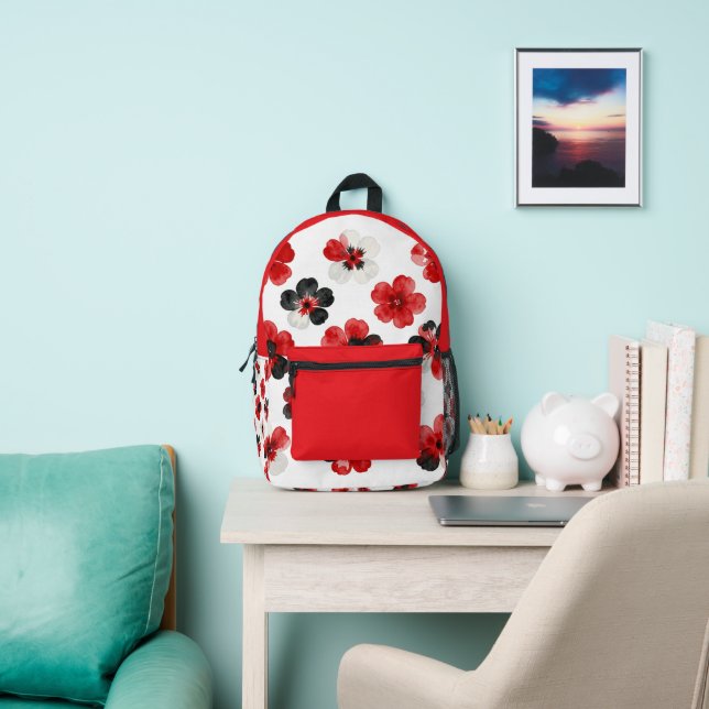 Watercolour Red Black White Floral  Printed Backpack (Insitu)