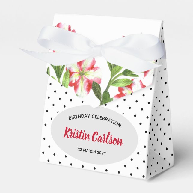 Watercolour Red Petunias Black White Polka Dots Favour Box (Front Side)