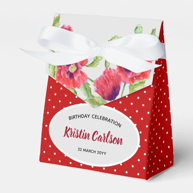 Watercolour Red Poppies with Red White Polka Dots Favour Box (Front Side)
