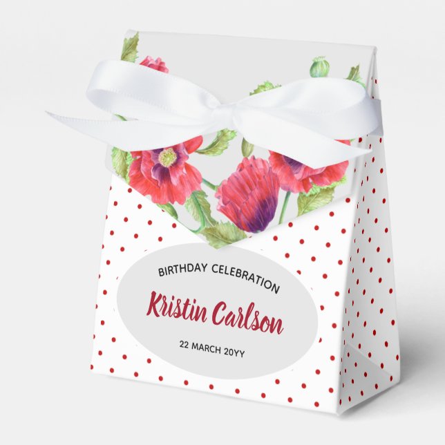 Watercolour Red Poppies with Red White Polka Dots Favour Box (Front Side)