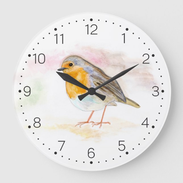 Watercolour Robin - Wall Clock With Numbers (Front)