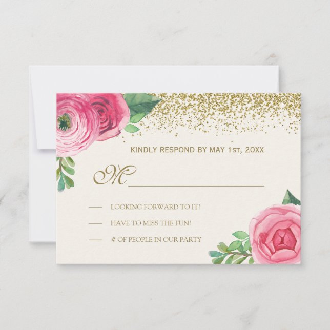 Watercolour Roses and Glitter Wedding RSVP Card (Front)