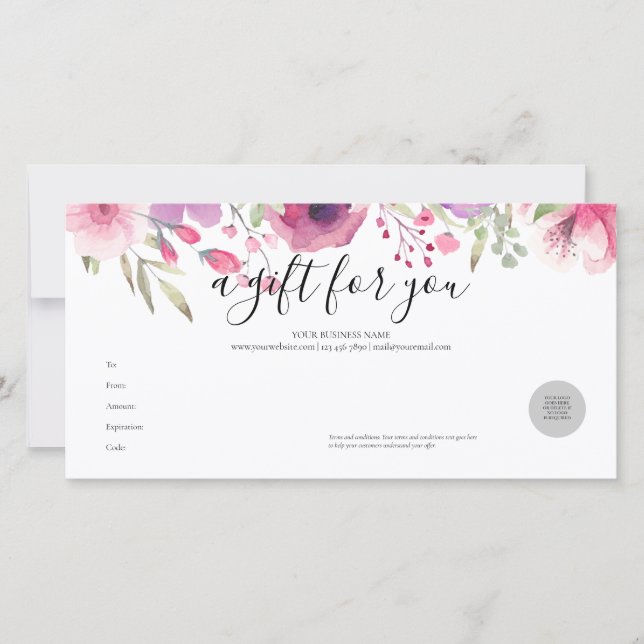 Watercolour Roses Gift Certificate (Front)