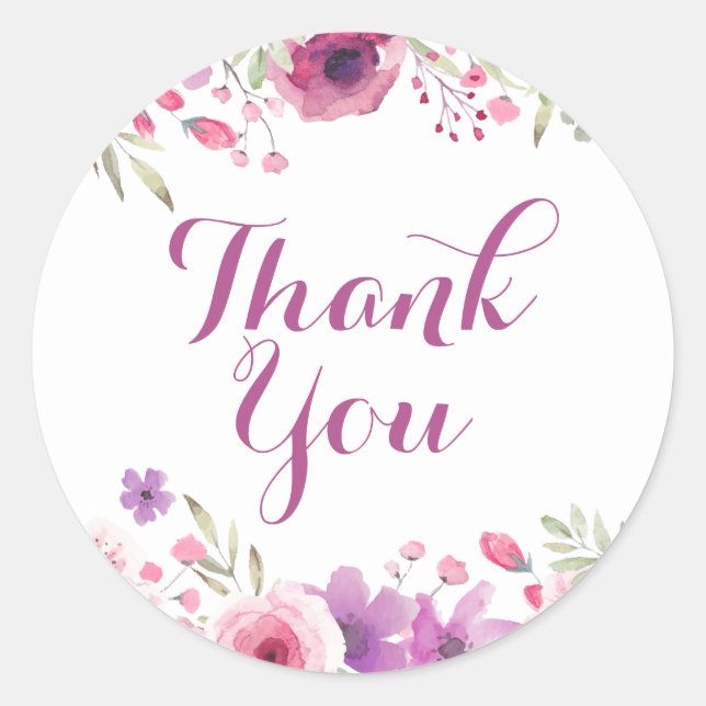 Watercolour Roses Greenery Floral Thank You Classic Round Sticker (Front)
